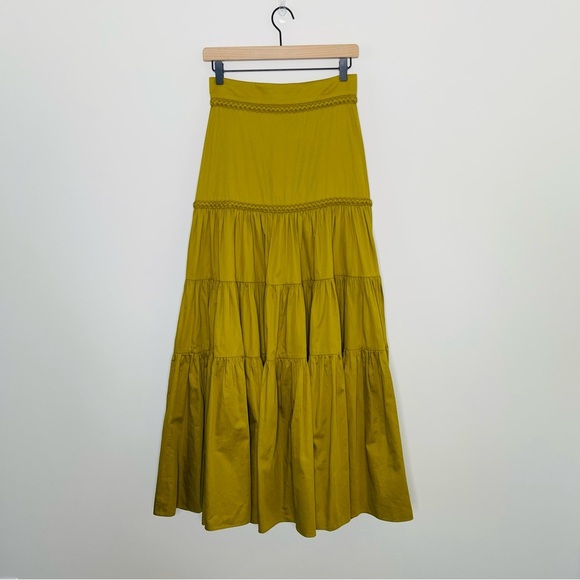 AJE  CASABLANCA BRAIDED TIERED MAXI SKIRT IN OLIVE GREEN boho quiet luxury - Picture 6 of 13